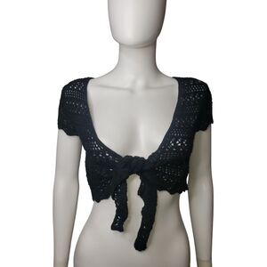 Vintage 90's Y2K RAVE Black Crochet Cropped Bolero Cardigan Top Juniors Large